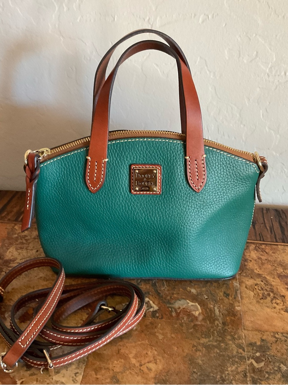 Dooney & Bourke Teal Pebble Leather Satchel with Brown Trim
